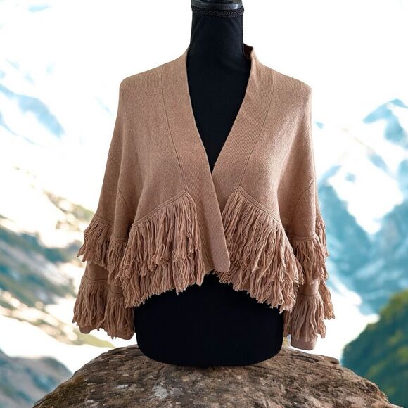 BCBGMAXAZRIA Women’s Tan Fringe Knit Open Front Cardigan Size S - Picture 1 of 7